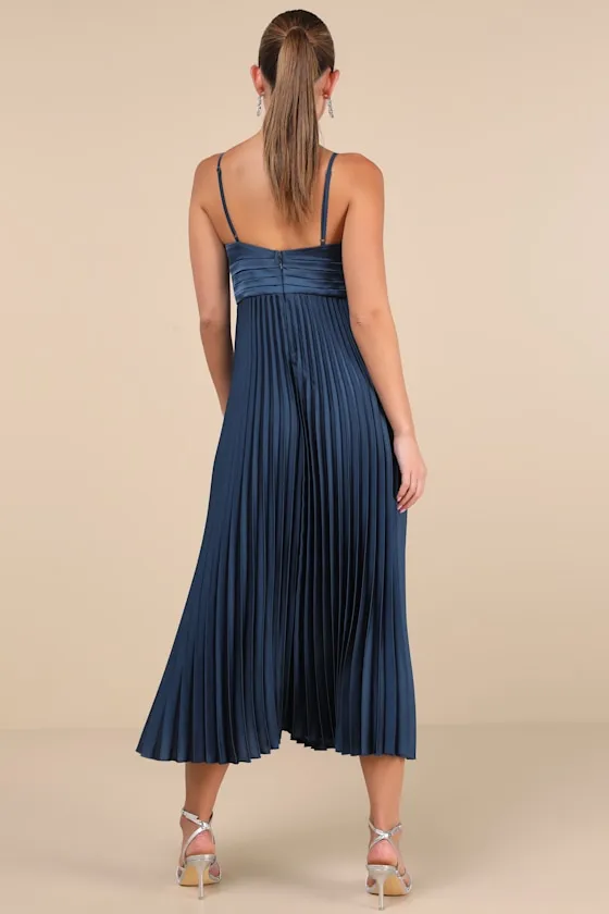 Fabulous Perfection Navy Blue Satin Pleated Midi Dress sold by Lulus product image thumbnail 3