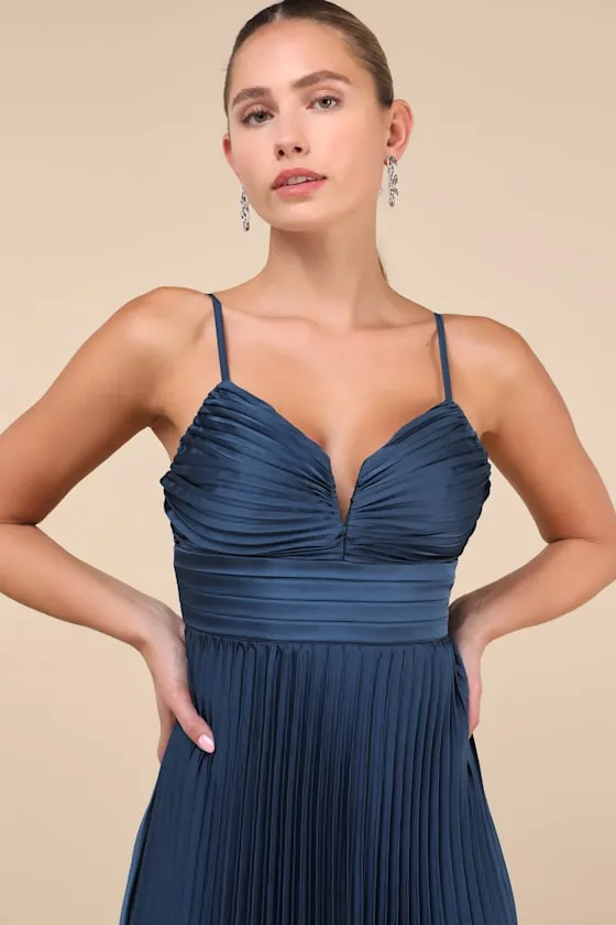Fabulous Perfection Navy Blue Satin Pleated Midi Dress sold by Lulus product image thumbnail 4