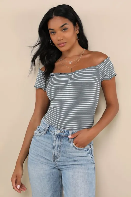 Easily Ideal Sage Green Striped Lettuce Hem Short Sleeve Top sold by Lulus