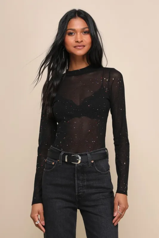 Strike an Attitude Black Mesh Multi Embellished Mesh Bodysuit sold by Lulus