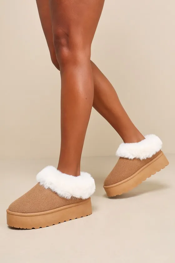 Lahoma Light Chestnut Faux Fur Flatform Slippers sold by Lulus