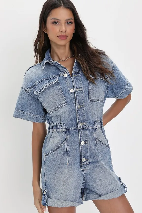 Marci Cuffed Shortall Button-Front Light Wash Denim Romper sold by Lulus