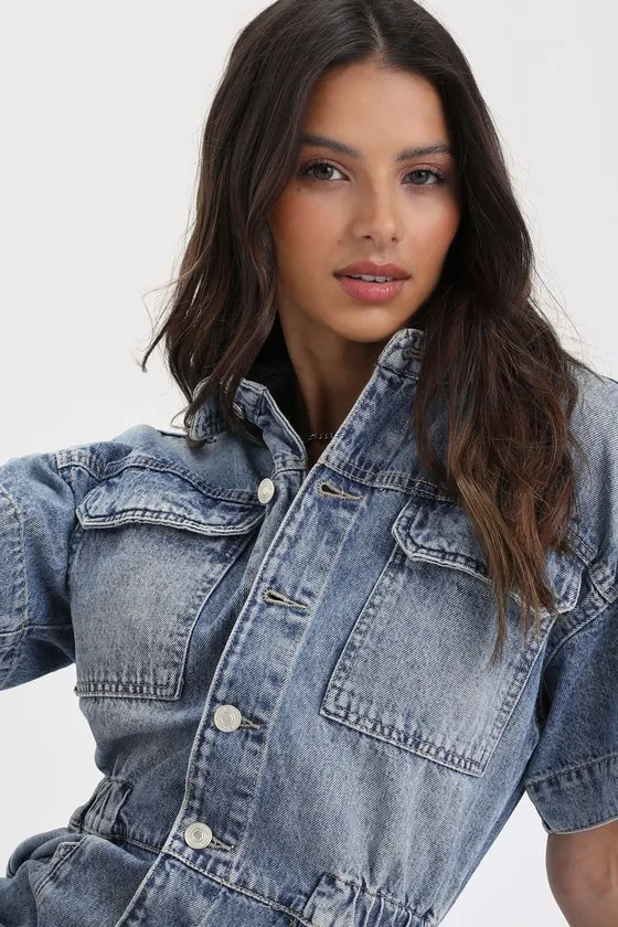 Marci Cuffed Shortall Button-Front Light Wash Denim Romper sold by Lulus product image thumbnail 4