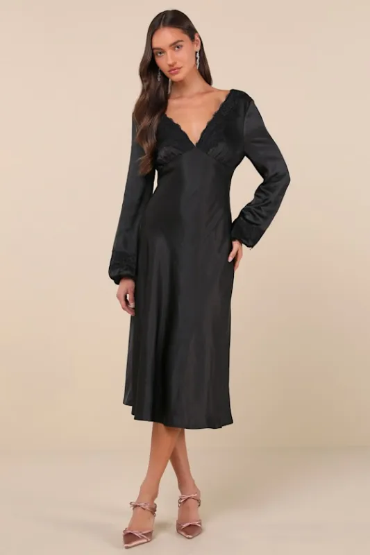 Illustrious Elegance Black Satin Long Sleeve Midi Dress sold by Lulus