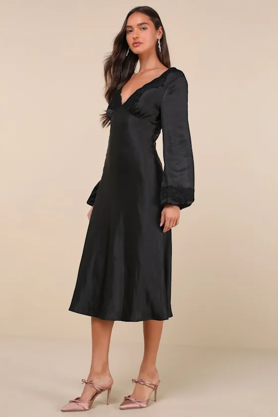 Illustrious Elegance Black Satin Long Sleeve Midi Dress sold by Lulus product image thumbnail 2