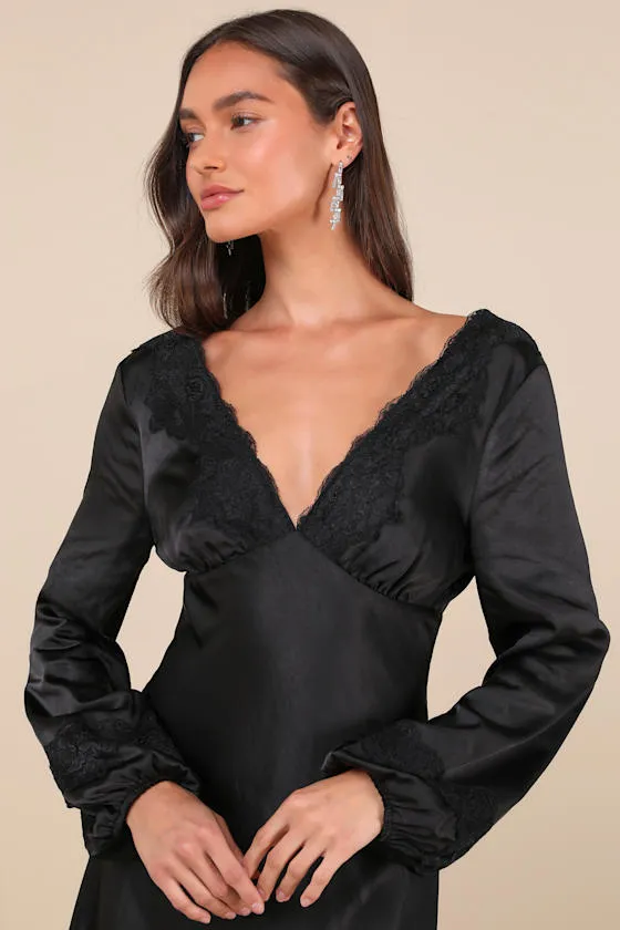 Illustrious Elegance Black Satin Long Sleeve Midi Dress sold by Lulus product image thumbnail 4