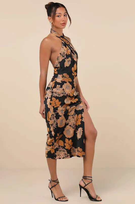 Beyond Classy Black Floral Satin Halter Midi Dress sold by Lulus