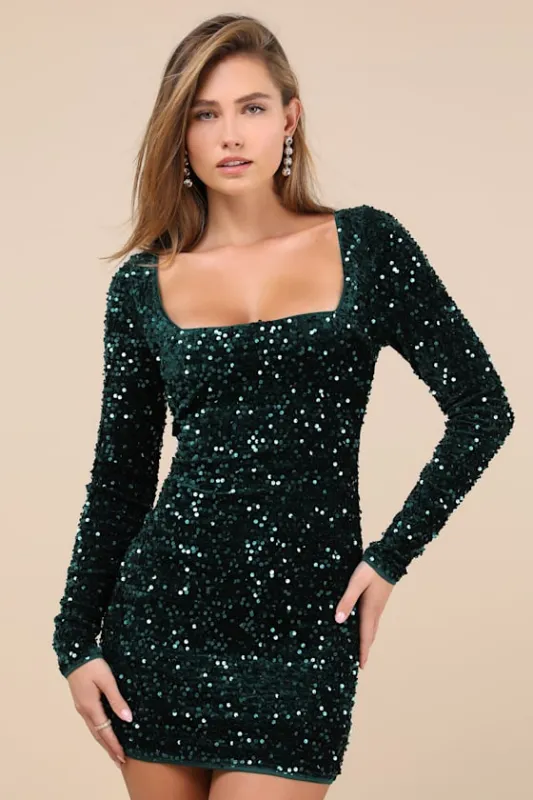 Marvelous Radiance Emerald Sequin Cutout Long Sleeve Mini Dress sold by Lulus