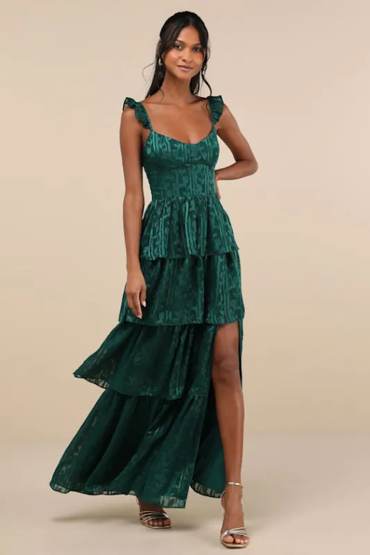 Stunning Glory Hunter Green Floral Jacquard Tiered Maxi Dress sold by Lulus