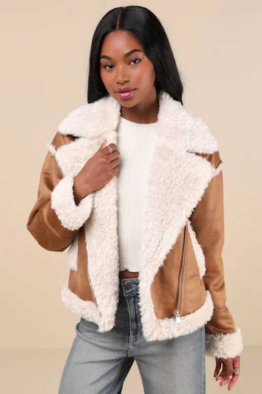 Cozy Allover Brown Vegan Leather Shearling Trim Moto Jacket made by Lulus