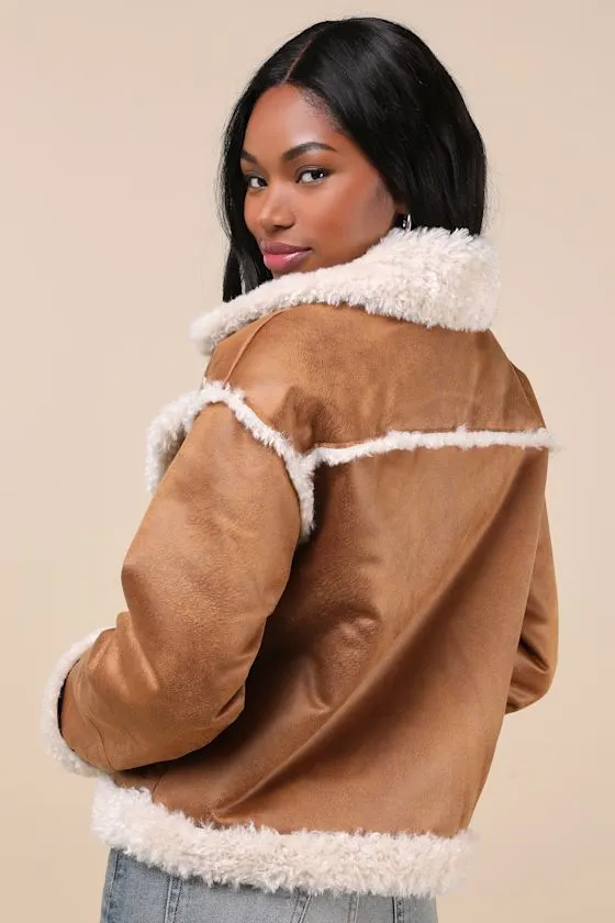 Cozy Allover Brown Vegan Leather Shearling Trim Moto Jacket sold by Lulus product image thumbnail 3