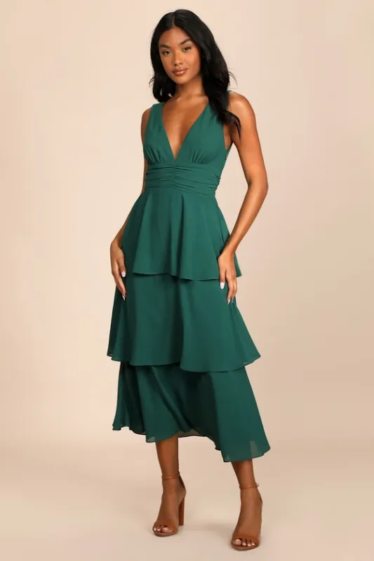 Celebration Time Emerald Green Sleeveless Tiered Midi Dress sold by Lulus
