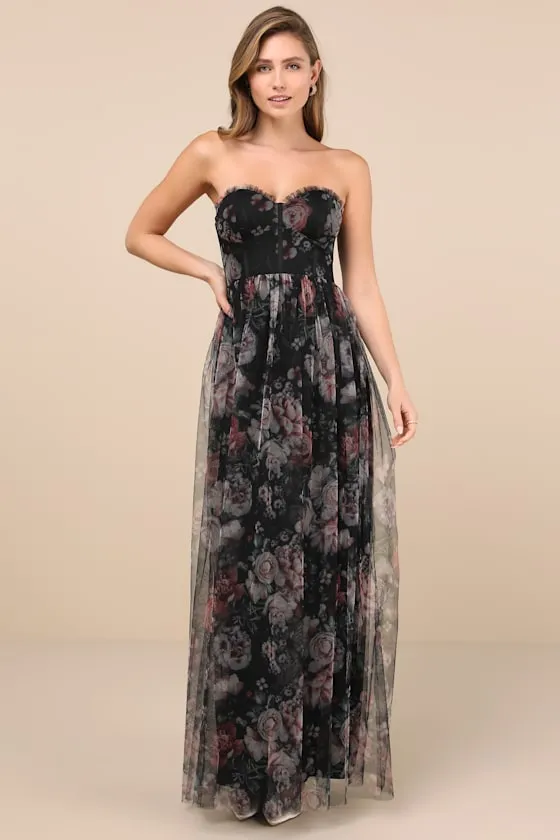 Stately Entrance Black Floral Mesh Strapless Maxi Dress sold by Lulus