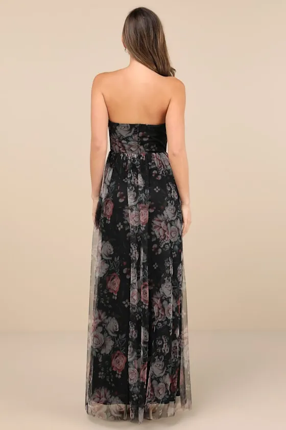 Stately Entrance Black Floral Mesh Strapless Maxi Dress sold by Lulus product image thumbnail 2