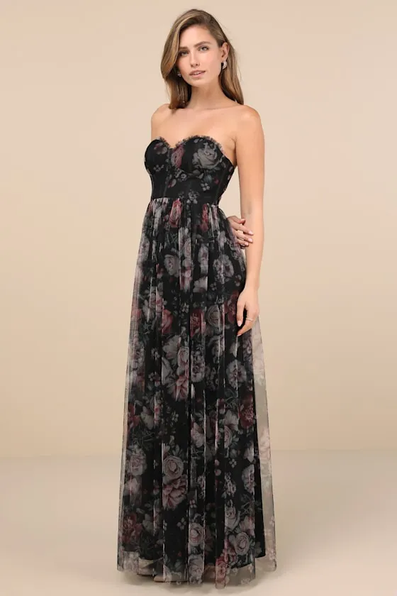 Stately Entrance Black Floral Mesh Strapless Maxi Dress sold by Lulus product image thumbnail 3