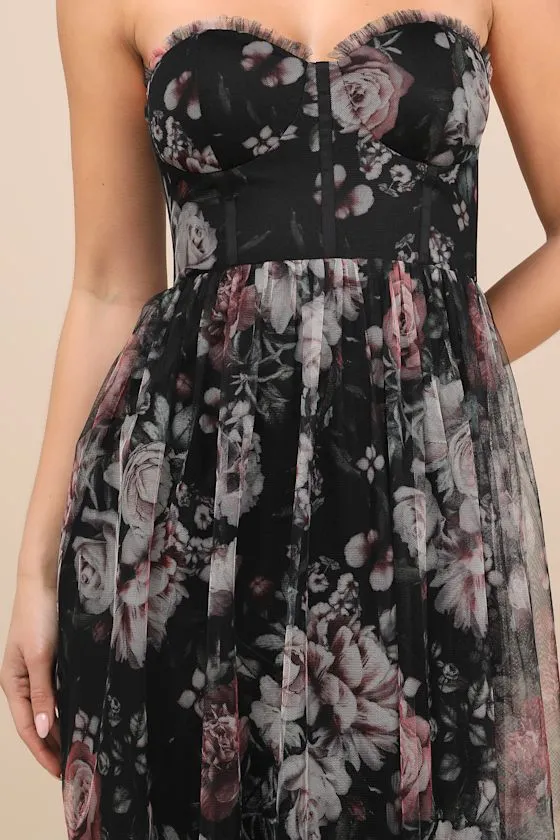 Stately Entrance Black Floral Mesh Strapless Maxi Dress sold by Lulus product image thumbnail 4