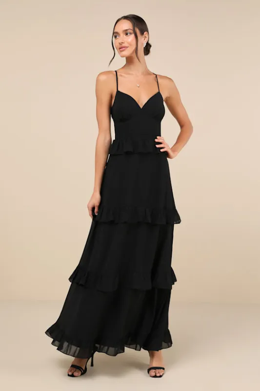 Captivating Class Black Ruffled Tiered Lace-Up Maxi Dress sold by Lulus