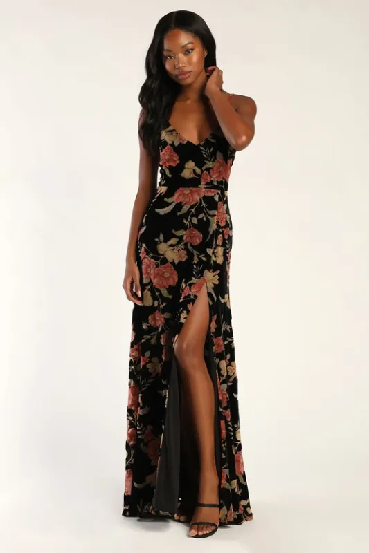 Alluring Blooms Black Floral Burnout Velvet Maxi Dress sold by Lulus