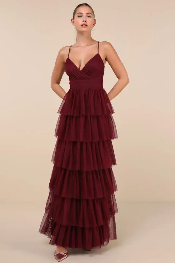 Rule the Runway Burgundy Tulle Surplice Tiered Maxi Dress sold by Lulus