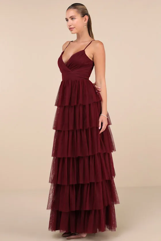 Rule the Runway Burgundy Tulle Surplice Tiered Maxi Dress sold by Lulus product image thumbnail 3