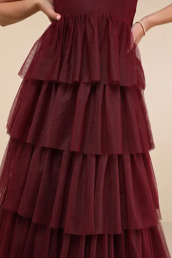 Rule the Runway Burgundy Tulle Surplice Tiered Maxi Dress sold by Lulus product image thumbnail 4