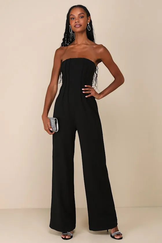 Stylish Composure Black Strapless Pintuck Wide-Leg Jumpsuit sold by Lulus