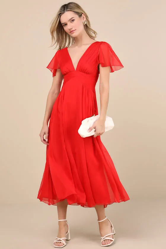 Ideal Perception Red Flutter Sleeve Chiffon Midi Dress sold by Lulus