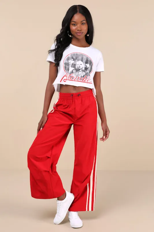 Sporty Sweetie Red Nylon Drawstring Wide-Leg Athletic Pants sold by Lulus