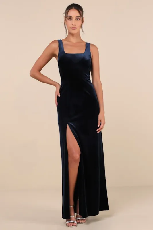 Elegant Sweetie Dark Navy Velvet Square Neck Maxi Dress sold by Lulus