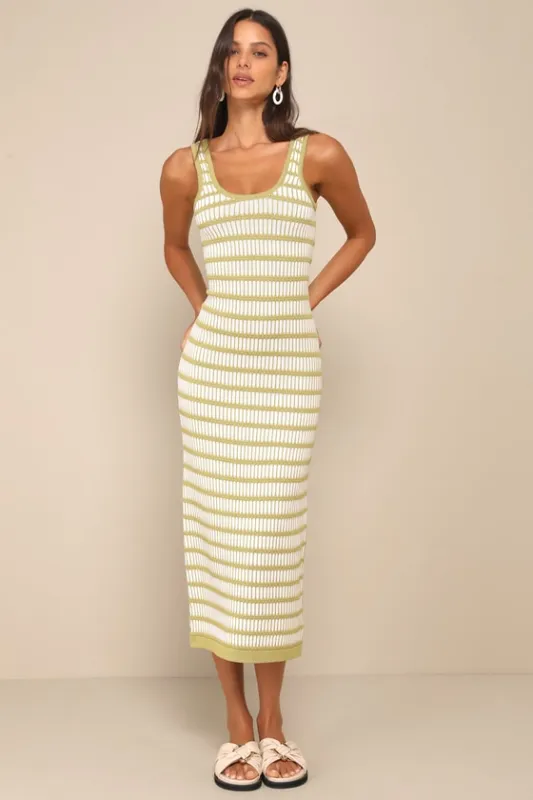 Curated Choice Green and Ivory Striped Cutout Knit Midi Dress sold by Lulus