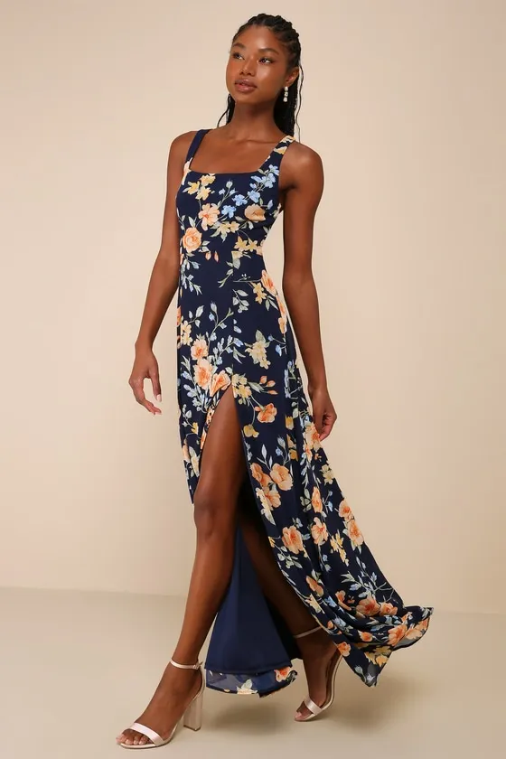 Remarkable Arrival Navy Blue Floral Sleeveless Maxi Dress sold by Lulus