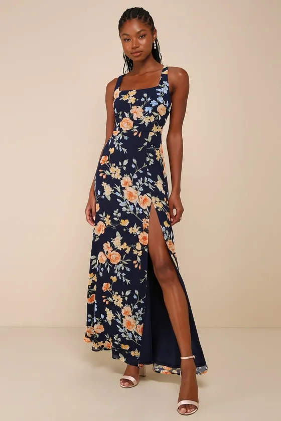Remarkable Arrival Navy Blue Floral Sleeveless Maxi Dress sold by Lulus product image thumbnail 2