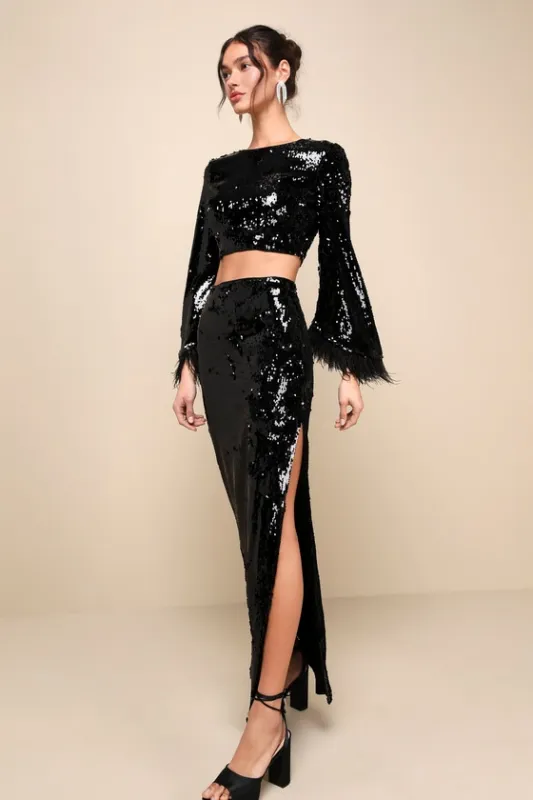 Glowing Icon Black Sequin Feather Two-Piece Maxi Dress sold by Lulus