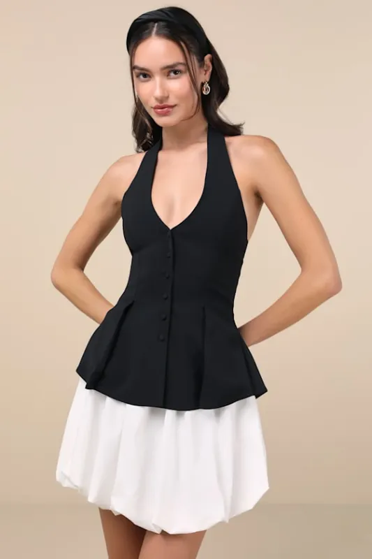 Lottie Black and White Halter Vest Mini Dress made by Lulus