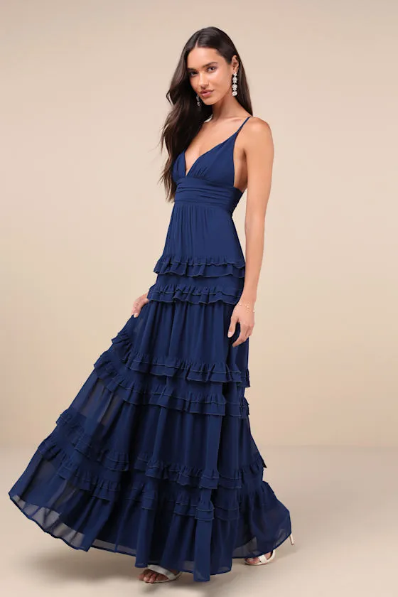 Lavish Perfection Navy Blue Ruffled Tiered Maxi Dress sold by Lulus