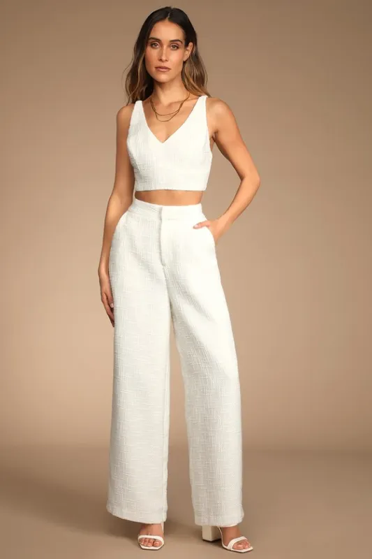 Chic and Sophisticated Ivory Tweed Wide-Leg Pants sold by Lulus