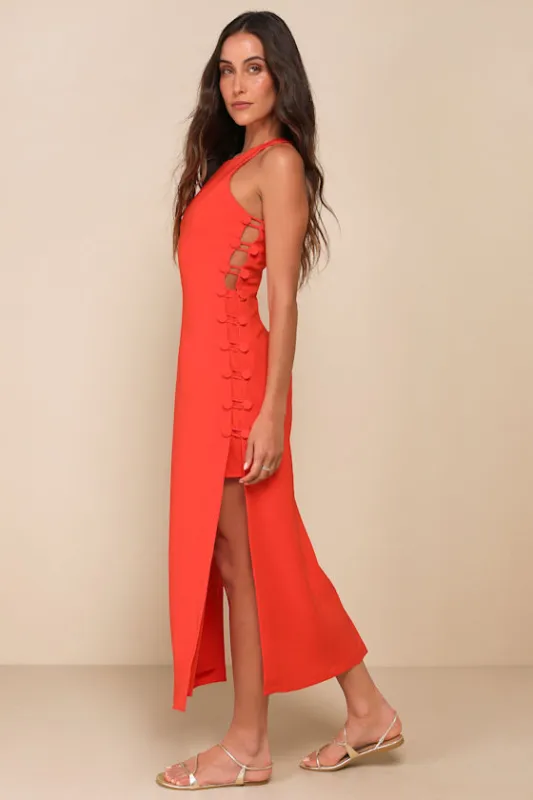 Masterfully Mod Bright Orange Side Button Midi Dress sold by Lulus