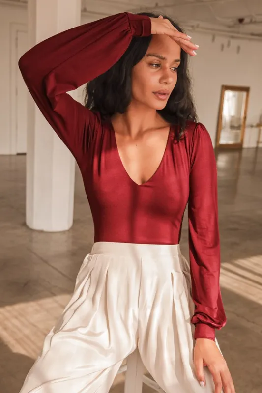 Kaylene Burgundy V-Neck Balloon Sleeve Bodysuit sold by Lulus