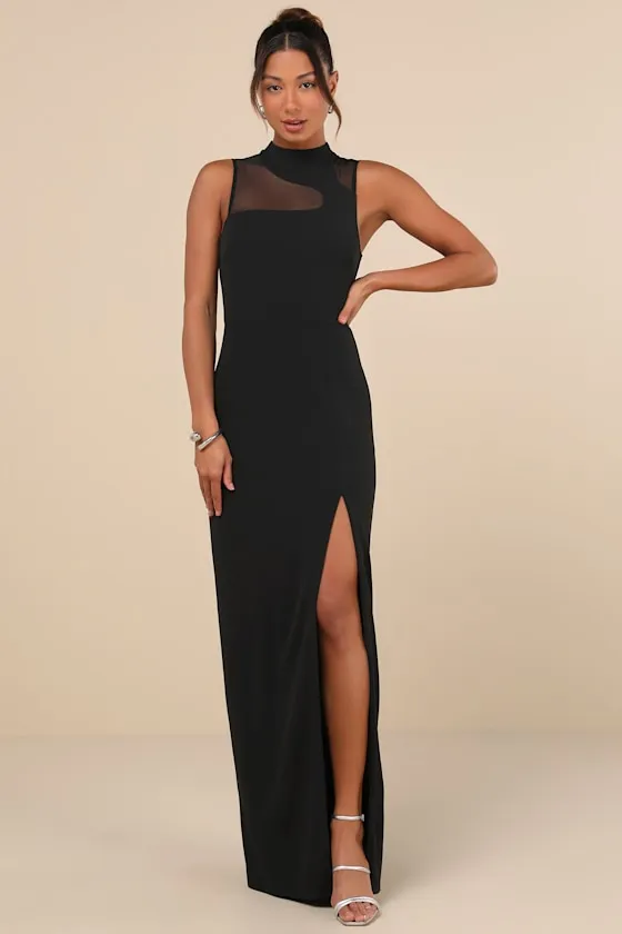 Irresistibly Modern Black Mesh Mock Neck Maxi Dress sold by Lulus