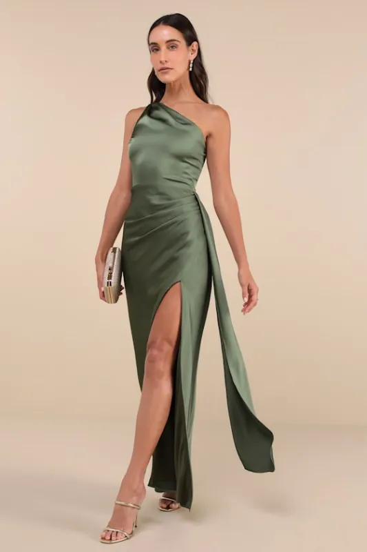Signature Elegance Olive Green Satin One-Shoulder Maxi Dress sold by Lulus