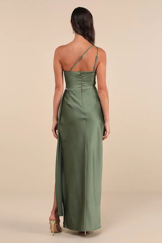 Signature Elegance Olive Green Satin One-Shoulder Maxi Dress sold by Lulus product image thumbnail 2
