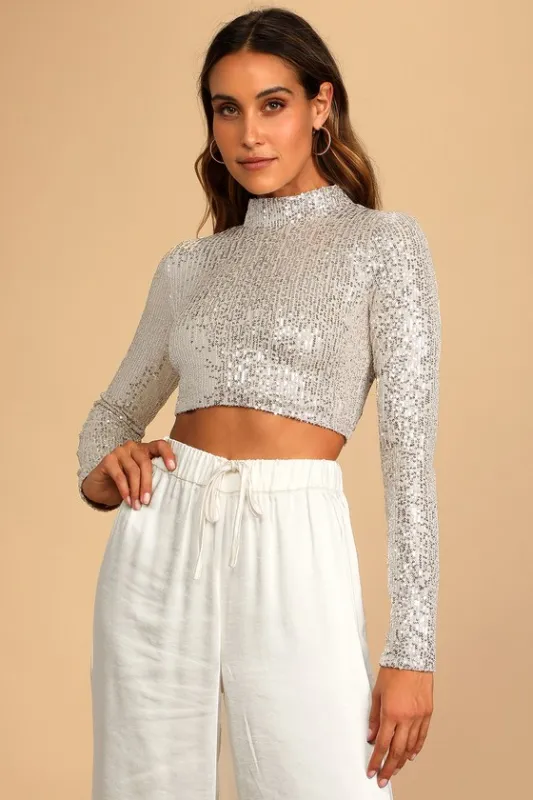 Dazzling Beauty Silver Sequin Long Sleeve Mock Neck Crop Top sold by Lulus