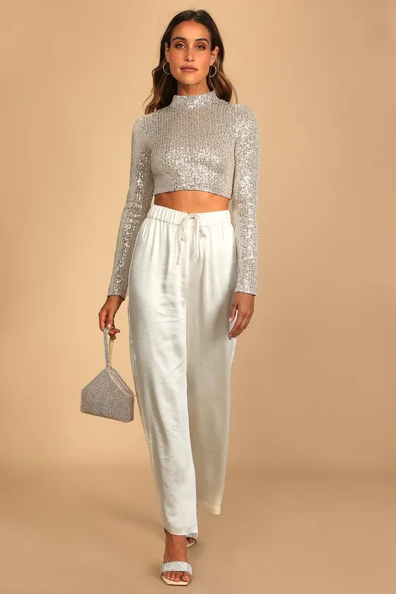 Dazzling Beauty Silver Sequin Long Sleeve Mock Neck Crop Top sold by Lulus product image thumbnail 2