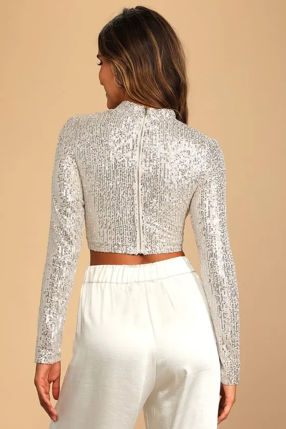 Dazzling Beauty Silver Sequin Long Sleeve Mock Neck Crop Top sold by Lulus product image thumbnail 4