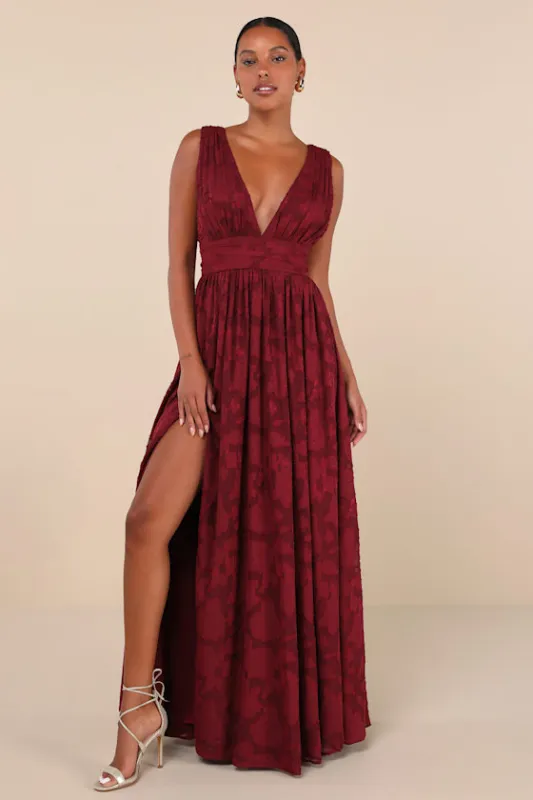 Sweet Sophistication Burgundy Burnout Floral Maxi Dress sold by Lulus