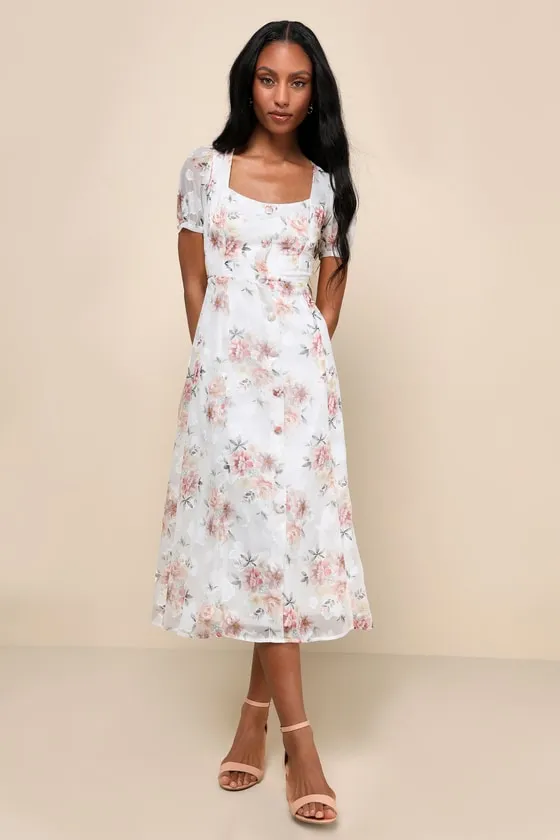 Moment of Beauty White Floral Print Button-Front Midi Dress sold by Lulus