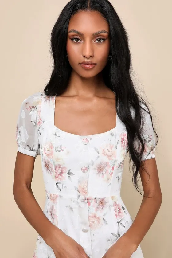 Moment of Beauty White Floral Print Button-Front Midi Dress sold by Lulus product image thumbnail 4
