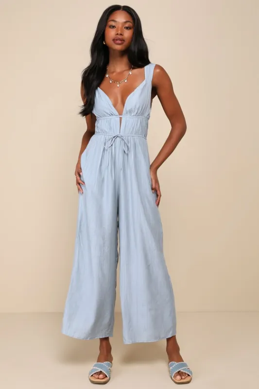 On the Dock Light Blue Crinkle Sleeveless Wide-Leg Jumpsuit sold by Lulus