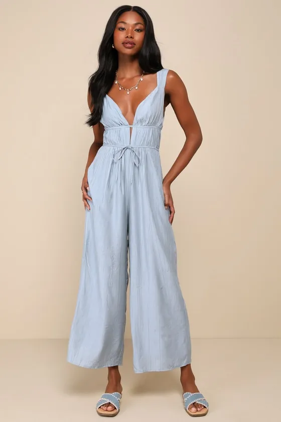 On the Dock Light Blue Crinkle Sleeveless Wide-Leg Jumpsuit sold by Lulus