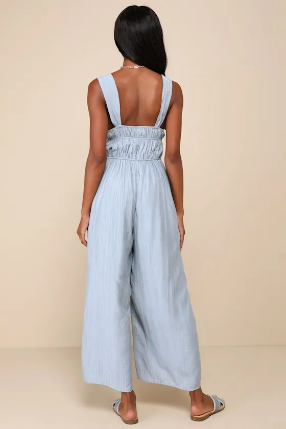 On the Dock Light Blue Crinkle Sleeveless Wide-Leg Jumpsuit sold by Lulus product image thumbnail 2